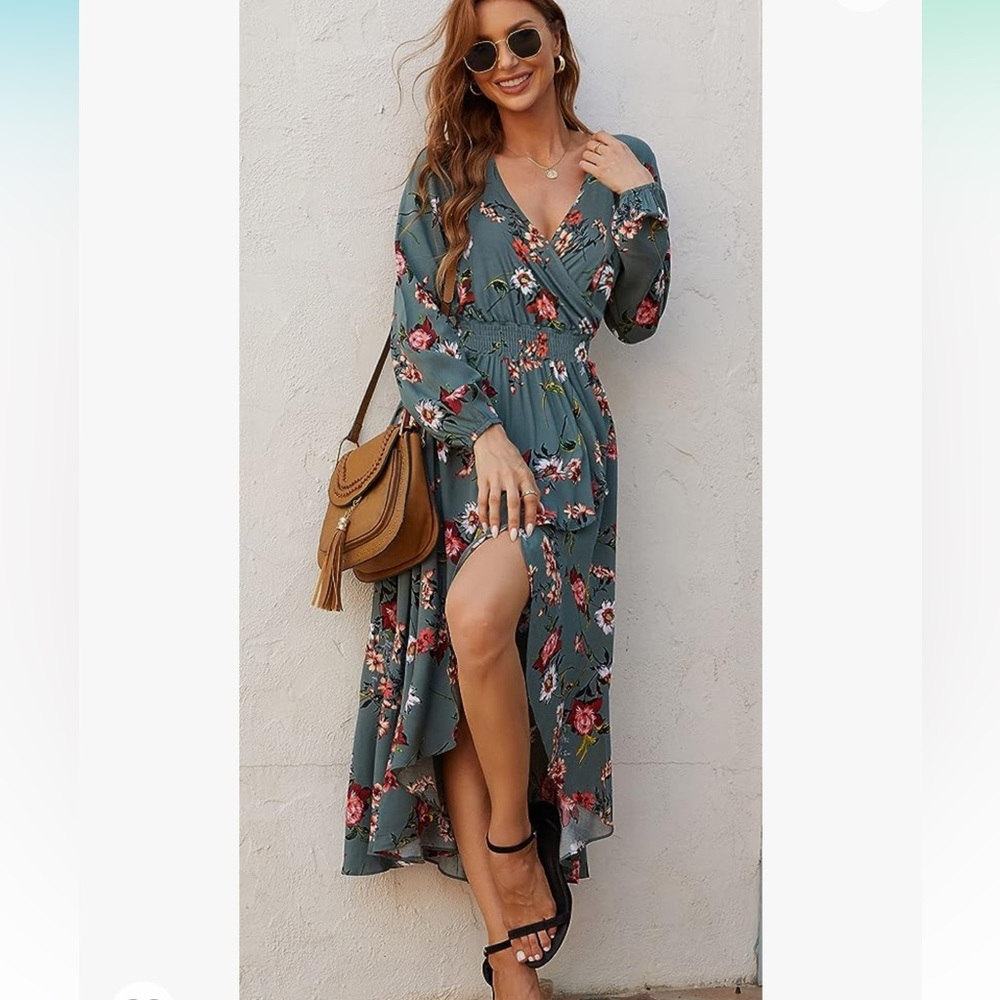 Kormei Long Sleeve Floral High Low V-Neck Flowy Party Long Maxi Dress